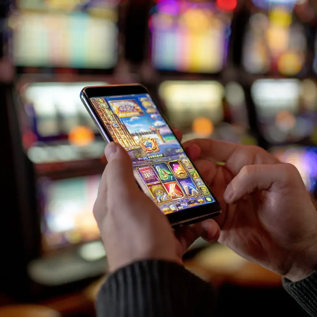 Mobile casino app interface showing slots and games on smartphone